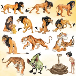Puede incluir: Una colecci&oacute;n de ilustraciones dibujadas a mano que muestran varios personajes animados, incluidos varios leones con melena negra, dos tigres de rayas naranjas y negras, una hiena verde, una serpiente marr&oacute;n enroscada y una figura peque&ntilde;a con pantalones cortos rojos.