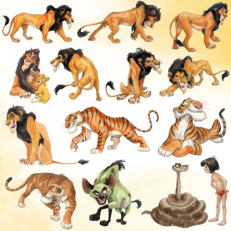 Puede incluir: Una colecci&oacute;n de ilustraciones dibujadas a mano que muestran varios personajes animados, incluidos varios leones con melena negra, dos tigres de rayas naranjas y negras, una hiena verde, una serpiente marr&oacute;n enroscada y una figura peque&ntilde;a con pantalones cortos rojos.