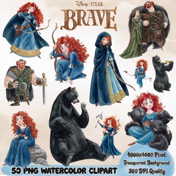 Tapfere Prinzessin Baby Aquarell • Merida Clipart Set • süße Prinzessin Png • mutiger Png • Party druckbares Aquarell