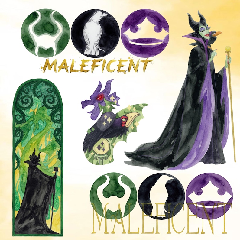 May include: A collection of watercolour illustrations featuring Maleficent, a raven, and a dragon. The artwork includes the word "Maleficent" in gold script, circular designs, and a stained-glass style image. The colour palette includes black, green, purple, and gold.
