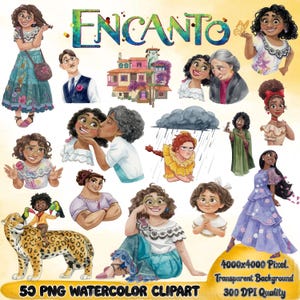 May include: A set of 55 watercolour clip art images from the film "Encanto." The images include characters, a house, a jaguar, and a rain cloud. The text on the image says "55 PNG WATERCOLOR CLIPART" and "4000x4000 Pixel. Transparent Background 300 DPI Quality."