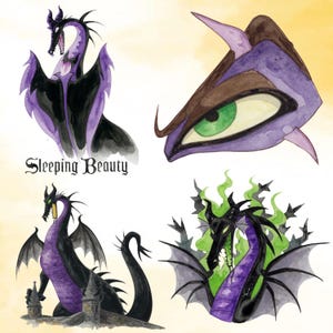 May include: Watercolour illustrations of a dragon and dragon elements. The dragon is depicted in black and purple with green flames. The text "Sleeping Beauty" is also included in the image.