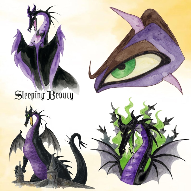 May include: Watercolour illustrations of a dragon and dragon elements. The dragon is depicted in black and purple with green flames. The text "Sleeping Beauty" is also included in the image.