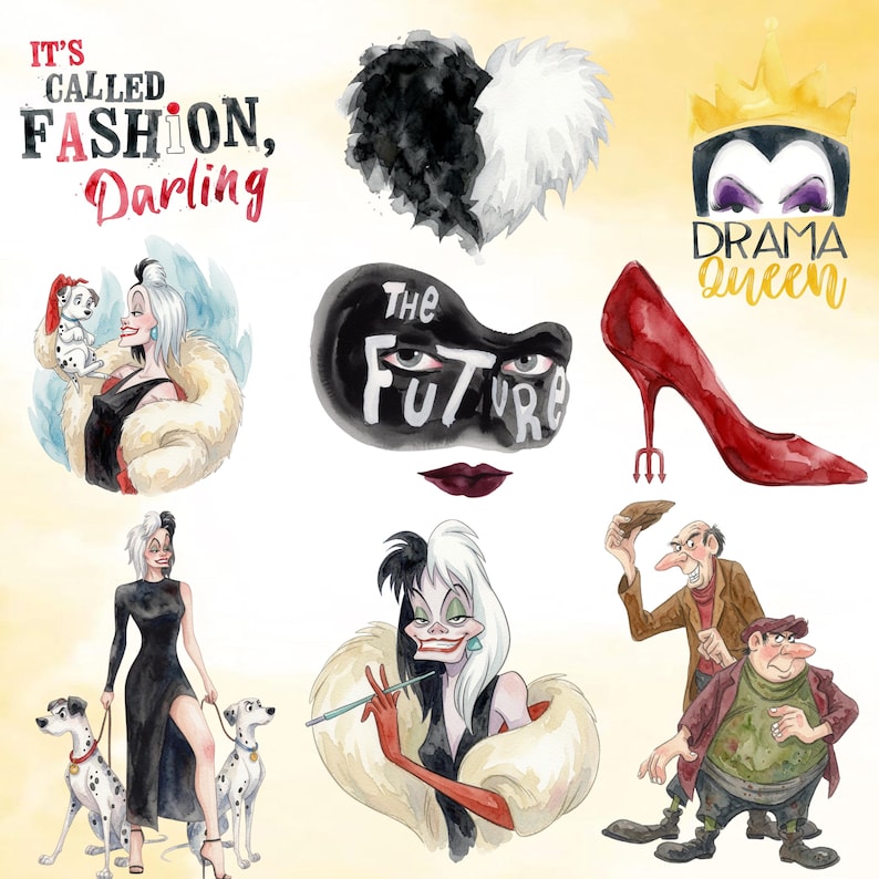Puede incluir: Una colecci&oacute;n de ilustraciones en acuarela que muestran un personaje con cabello blanco y negro, perros d&aacute;lmatas, un zapato de tac&oacute;n rojo con tac&oacute;n de tridente y texto que incluye IT'S CALLED FASHION, DARLING, THE FUTURE y DRAMA QUEEN.