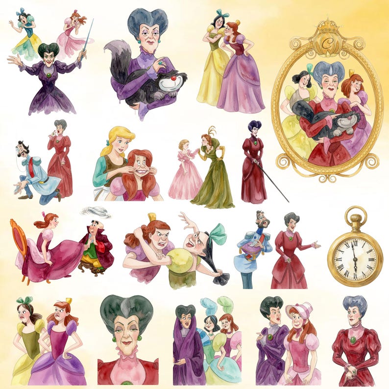 Puede incluir: Una colecci&oacute;n de ilustraciones en acuarela con personajes de Cenicienta, incluyendo una mujer con vestido morado sosteniendo un gato negro, dos mujeres con vestidos amarillos y rosas, un reloj de bolsillo dorado y un retrato enmarcado del grupo.