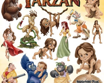 Tarzan Movie Watercolor PNG Clipart Bundle, Baby Tarzan PNG Watercolor (Digital Download)