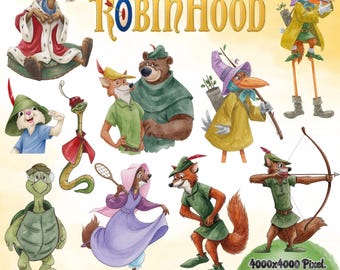 Disney Robin Hood, Robinhood Watercolor Png Clipart, Robinhood for cricut, Easy to use 75 High quality designs, Instant Download