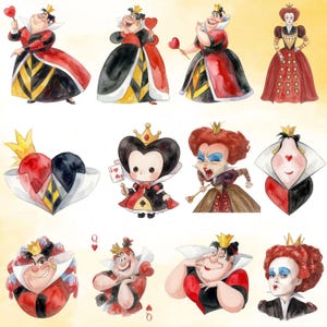 Puede incluir: Una colecci&oacute;n de ilustraciones en acuarela que muestran a la Reina de Corazones en varias poses y estilos, incluyendo figuras de cuerpo entero con vestidos rojos, negros y amarillos, un personaje chibi con una carta y varios retratos detallados.