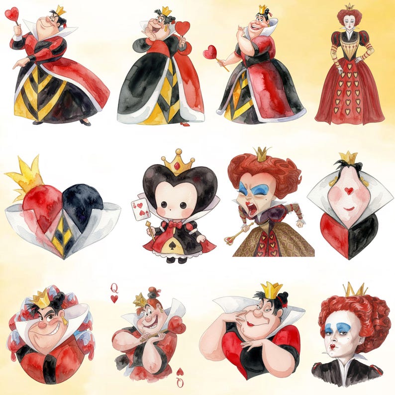 Puede incluir: Una colecci&oacute;n de ilustraciones en acuarela que muestran a la Reina de Corazones en varias poses y estilos, incluyendo figuras de cuerpo entero con vestidos rojos, negros y amarillos, un personaje chibi con una carta y varios retratos detallados.