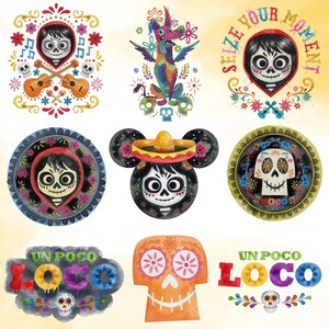 May include: A collection of colorful watercolor illustrations featuring characters and elements from the animated film "Coco." Designs include stylized skulls, guitars, floral arrangements, and the phrase "Seize Your Moment."