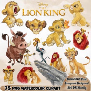 Pode incluir: Clipart em aquarela com personagens de O Rei Leão da Disney. Inclui Simba, Nala, Timão, Pumba e Rafiki. A imagem tem fundo transparente e mede 4000x4000 pixels. O texto diz "75 PNG WATERCOLOR CLIPART".