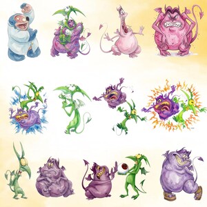 Puede incluir: Una colecci&oacute;n de ilustraciones en acuarela que presentan varias criaturas de dibujos animados, incluyendo una figura azul con bata de laboratorio, varios monstruos redondos morados y seres verdes alados y esbeltos en diversas poses.
