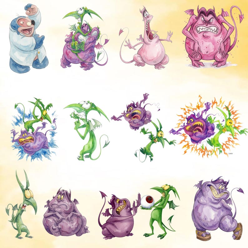 Puede incluir: Una colecci&oacute;n de ilustraciones en acuarela que presentan varias criaturas de dibujos animados, incluyendo una figura azul con bata de laboratorio, varios monstruos redondos morados y seres verdes alados y esbeltos en diversas poses.