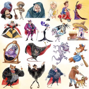 Puede incluir: Una colecci&oacute;n de ilustraciones en acuarela que presentan varios personajes animados, incluyendo una reina con un vestido de patr&oacute;n de diamantes, una bruja del mar p&uacute;rpura en un espejo, un lagarto, un hombre en un scooter rojo y figuras con capas.