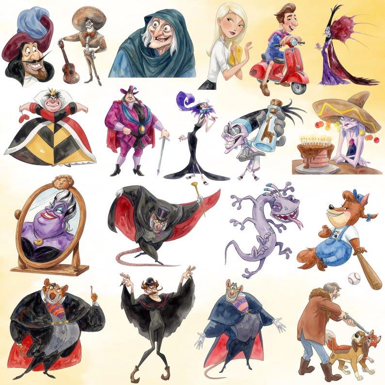 Puede incluir: Una colecci&oacute;n de ilustraciones en acuarela que presentan varios personajes animados, incluyendo una reina con un vestido de patr&oacute;n de diamantes, una bruja del mar p&uacute;rpura en un espejo, un lagarto, un hombre en un scooter rojo y figuras con capas.