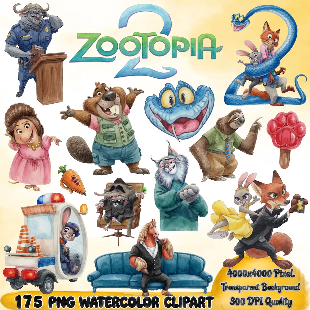 175+ PNG Zootopia 2 Watercolor Clipart Bundle, Zootopia 2 PNG Cartoon ...