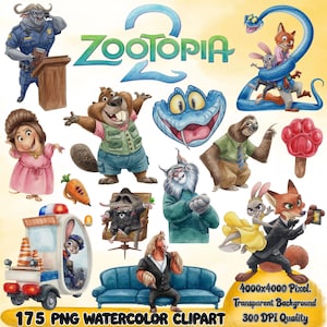 Peut inclure: Une collection d'illustrations à l'aquarelle Zootopia 2 représentant divers personnages animaux, dont un buffle policier, un renard, un lapin, un castor, un paresseux et un serpent. L'ensemble comprend un véhicule de police, une glace rouge et du texte.