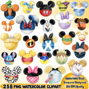 Disney Cartoons Png Akvarell Clipart, Mus Png Bundle, Tecknad Akvarell Clipart, Canva, Cricut, Direkt Nedladdning