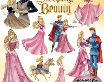 Sleeping Beauty Princess Watercolor Clipart, Princess Aurora Png , Princess Clipart, Pink & Gold Watercolor Collection