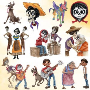 May include: Watercolor illustrations of characters from the animated film "Coco." The images feature skeletons, a dog with a bone, a winged dog, and a boy playing a guitar. The color palette includes reds, oranges, blues, and browns.