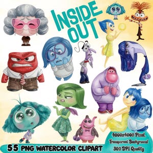Puede incluir: Clipart de acuarela con personajes de la película "Del revés". La imagen incluye ilustraciones de Alegría, Tristeza, Ira, Miedo, Asco y otros personajes. El texto "INSIDE OUT" se muestra en verde, junto con "55 PNG WATERCOLOR CLIPART."