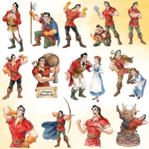 Puede incluir: Una colecci&oacute;n de ilustraciones estilo acuarela que muestran a un hombre musculoso de cabello oscuro en varias poses, incluyendo con un arco, un barril y un espejo. Una escena incluye a una mujer con vestido azul y el texto Gaston Arrogant Bastard Ale.