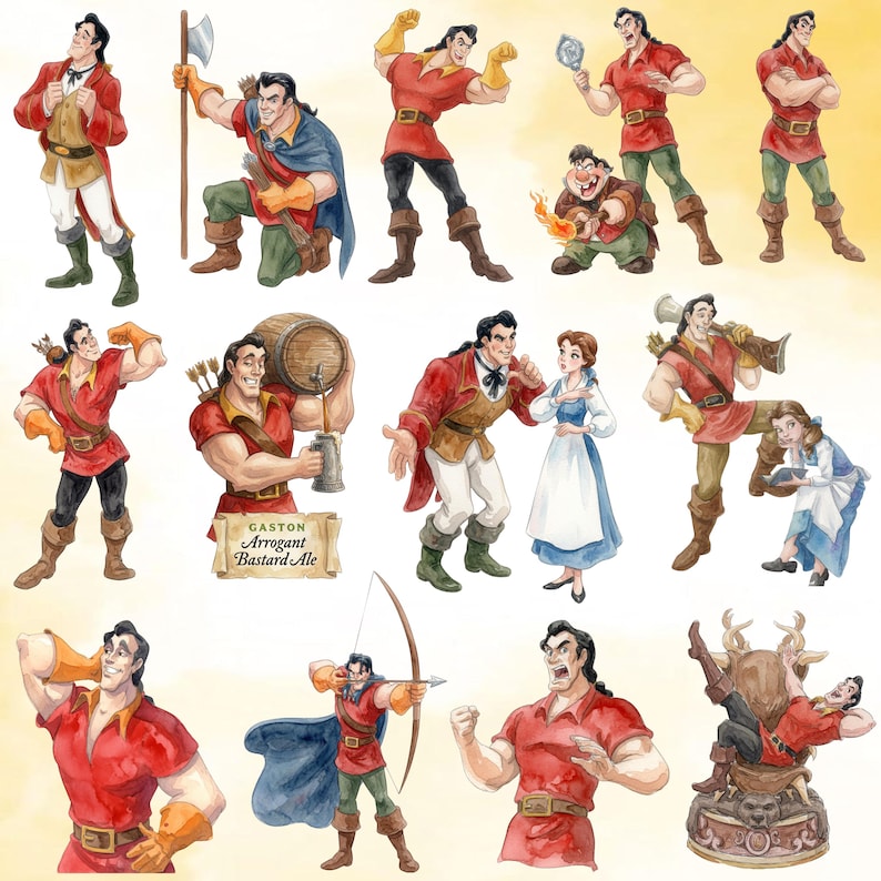 Puede incluir: Una colecci&oacute;n de ilustraciones estilo acuarela que muestran a un hombre musculoso de cabello oscuro en varias poses, incluyendo con un arco, un barril y un espejo. Una escena incluye a una mujer con vestido azul y el texto Gaston Arrogant Bastard Ale.