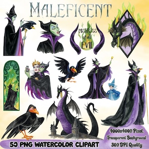 May include: A collection of watercolour clipart images featuring Maleficent, a dragon, and ravens. The text "MALEFICENT" is at the top, with "MISTRESS of all EVIL" and "50 PNG WATERCOLOR CLIPART" also visible. The images have a transparent background.