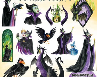 Villain PNG Maleficent Watercolor Clipart, Maleficent Retro Design Digital Download, Sleeping Beauty png, Evil Maleficent png