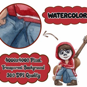 May include: Watercolor illustration of a character from the movie Coco, wearing a red hoodie and blue jeans, with a painted skull face. The character is holding a guitar. Text on the image reads "WATERCOLOR", "4000x4000 Pixel. Transparent Background 300 DPI Quality".