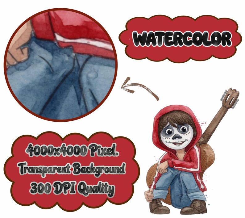 May include: Watercolor illustration of a character from the movie Coco, wearing a red hoodie and blue jeans, with a painted skull face. The character is holding a guitar. Text on the image reads "WATERCOLOR", "4000x4000 Pixel. Transparent Background 300 DPI Quality".
