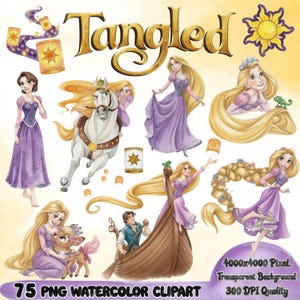 Pode incluir: Conjunto de cliparts em aquarela com personagens e elementos do filme "Entrelaçados". As imagens incluem Rapunzel em várias poses, um cavalo branco, lanternas e o logotipo do filme. O texto na parte inferior diz "75 PNG WATERCOLOR CLIPART".