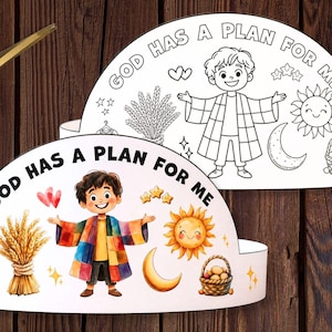 May include: Two printable crown crafts with the text "GOD HAS A PLAN FOR ME". One crown is colored, featuring a cartoon character, sun, moon, and wheat. The other is a black and white outline. The text "JOSEPH Crown Craft Printable" is at the top.