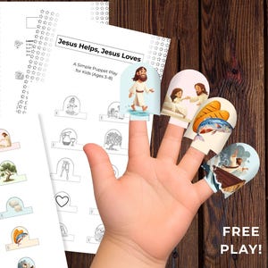 May include: A set of finger puppets with illustrations of Jesus and related scenes, along with printable play sheets. The text "MIRACLES OF JESUS" and "Finger Puppets + Play" are at the top. The phrase "Jesus Helps, Jesus Loves" is also visible.
