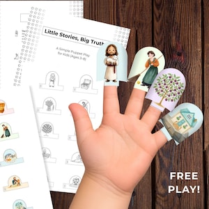 May include: A hand with finger puppets depicting characters and scenes from the Parables of Jesus. The puppets are colorful and include images of Jesus, a woman, a tree, and a house. Accompanying printables are visible with the text "Little Stories, Big Truth".