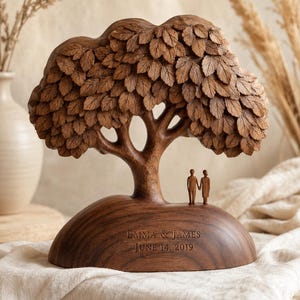 Puede incluir: Una escultura de madera de color marrón oscuro que representa un árbol con hojas detalladas y dos pequeñas figuras de pie en la base. La base está grabada con el texto EMMA & JAMES JUNE 14, 2019. La escultura tiene un acabado liso y pulido.