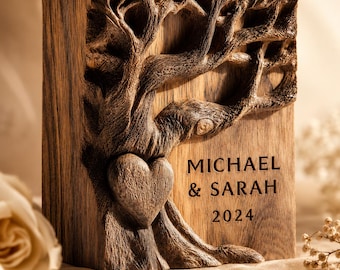 Personalized 5th Anniversary Gift for Couple, Custom Tree of Life Wood Carving, Walnut Wood Block Name Sign, Wedding Engagement Keepsake
