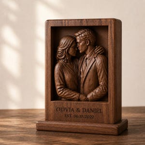 May include: A rectangular dark brown wooden carving featuring a relief sculpture of a couple embracing. The base includes the engraved text OLIVIA & DANIEL and EST. 06.18.2022. The piece is framed within a solid wood structure with a smooth finish.
