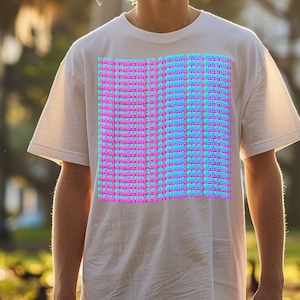 May include: White t-shirt with a repeating text design in pink and blue. The text reads "NEW FICTION IS A PUNK ASS BITCH" in a stacked pattern across the front of the shirt. The shirt has short sleeves and a crew neck.