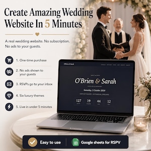 Op de afbeelding: Een laptop toont een trouwwebsite met de namen "O'Brien & Sarah" en de datum "3 oktober 2026." De afbeelding promoot het maken van een trouwwebsite in 5 minuten, zonder abonnement en zonder advertenties.