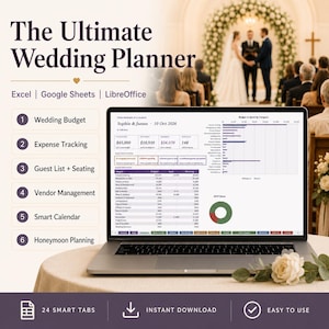 May include: A laptop screen showing a wedding planner with the text "The Ultimate Wedding Planner." The screen displays budget and expense tracking tools. The background shows a wedding ceremony. The image also includes the text "Excel | Google Sheets | LibreOffice."