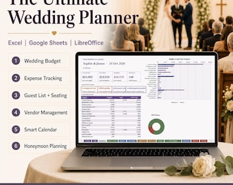 Wedding Planner Spreadsheet Excel Google Sheets | 24 Tabs Wedding Budget Tracker Guest List Seating Chart Timeline Vendor Honeymoon Gift