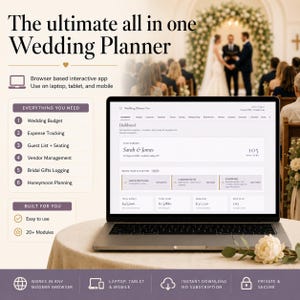 Op de afbeelding: Een laptop met een interface van een weddingplanner-app. Het scherm toont een dashboard met functies voor budget, uitgaven bijhouden, gastenlijst, leveranciersbeheer en huwelijksreisplanning. De tekst luidt "The ultimate all in one Wedding Planner."
