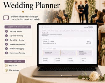 Interactive Wedding Planner App | 20 Modules | Budget Tracker, Guest List, Seating Chart, Vendor Manager, Day-Of Timeline | Digital Download