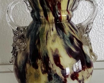 Antique Bohemian Spatter Glass Vase | Franz Welz Style Applied Crystal Handles