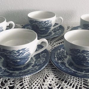 Tazze e piattini da tè Royal Warwick Loch Duich Blue Transferware (5) Inghilterra Vintage