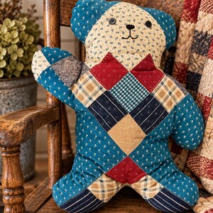 Vintage Handmade Patchwork Bear Pillow Folk Art Quilted Teddy Primitive Country Cottage Decor Button Eye Textile