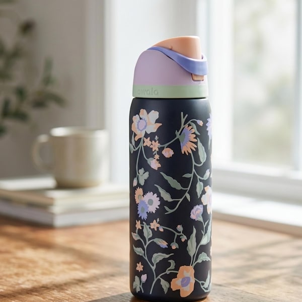 Owala 32oz Engraved Water Bottle with Black Flowers Design Reusable Travel Bottle | Gift for Mom, Wife, Sister | Everyday Hydration
