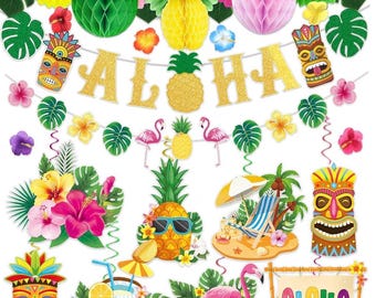 37 Pieces Hawaiian Aloha Party Decorations, Luau Tropical Theme Party Supplies Decor with Hanging Swirls Ceiling, Banner, Palm Leaves