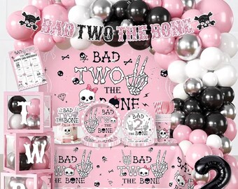 Bad Two The Bone Party Decorations Girl,Serves 20 All-in-One Set, Plate,Cup,Backdrop,Balloon Box,Tablecloth,for 2nd Birthday Kits for Girl